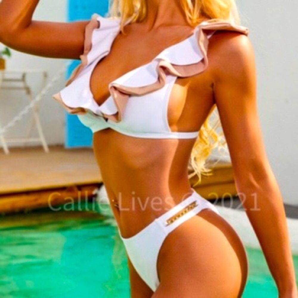 Callie lives white and tan ruffle bikini- large